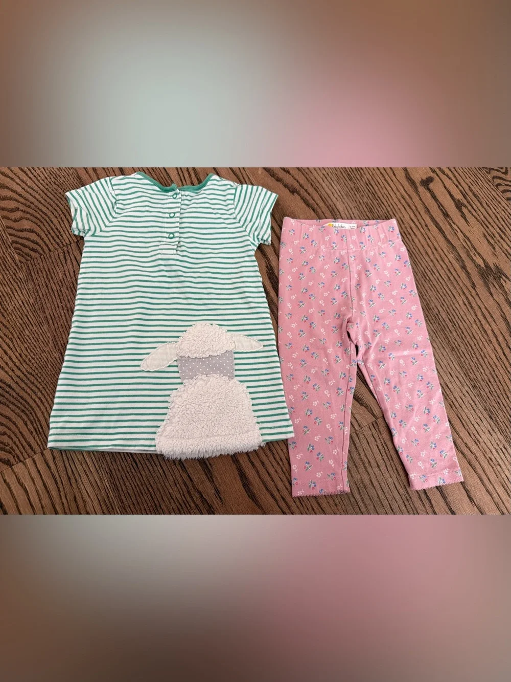 Mini Boden Pink Floral Leggings with Green Stripe Lamb Top Set